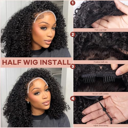 Kinky Curly Wig 200 Density 3 In 1 Seamless Flip Over Half Wigs Synthetic Hair Glueless Wear and Go Beginner Friendly Kinky Curly Wig Human Hair Drawstring Headband Wig for Women 26 Inch