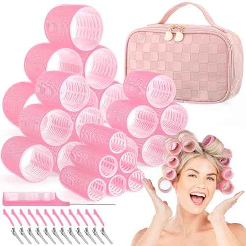 Obeoby 50 Pcs in 1 Pack 4 Sizes Hair Rollers with Gift Makeup Bag, 24 Pcs Self Grip Rollers and Clips, Comb, 25/36/48/60 mm Curlers for Volume Medium Long Hair