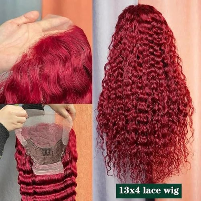 99j Burgundy Deep Wave Lace Front Wig Human Hair 13x4 200% Density Transparent Lace Frontal Wig Curly Wigs for Women Red Curly Wigs Pre Plucked with Baby Hair 99j Lace Front Wig (24inch)