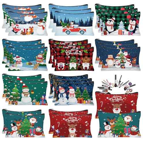30Pcs Christmas Makeup Bags Canvas Cosmetic Bags with Zipper Portable Santa Gnomes Snowman Xmas Canvas Gift Bag Goodie Bag Travel Toiletry Pouch for Women Holiday Present Xmas Party Gift