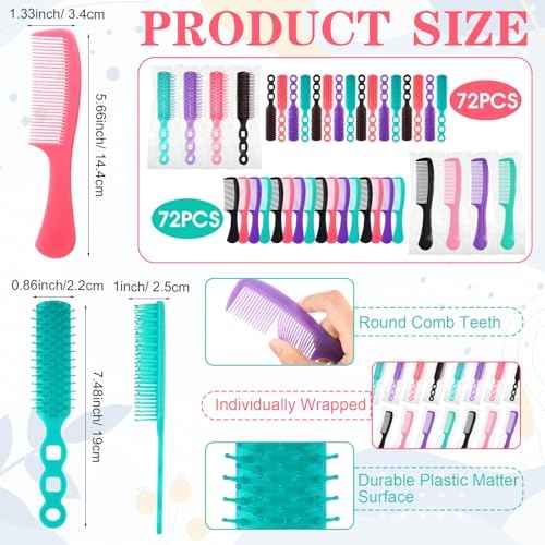 Baderke 144 Pack Individually Wrapped Hair Brushes Combs Set for Homeless, Detangling Brush Widen Combs for Curly Hair Suitable for Women Men Shelter Nursing Hotel Church Charity Supplies(4 Colors)