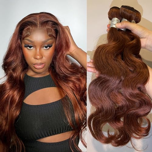 ALHER Reddish Brown Bundles Body Wave Human Hair 12A Brazilian Virgin Remy Wavy Hair 3 Bundles Auburn Brown Copper Red Colored Thick Sew In Weave 33B Color 10 12 14 Inch