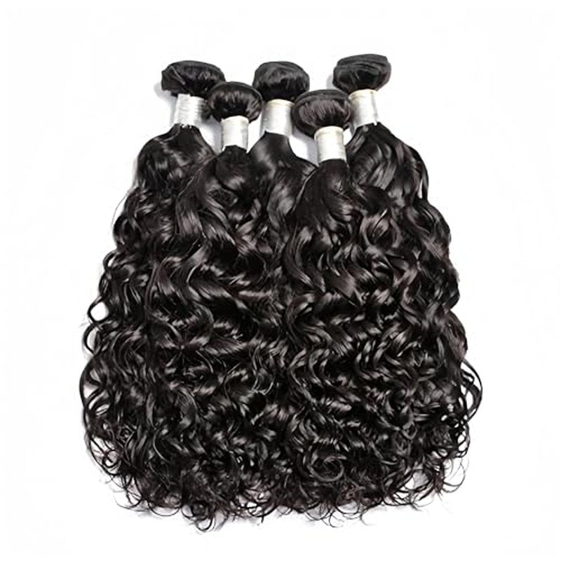 Human Hair 5Bundles with Lace Closure, Water Wave Bundles with Closure, Deep Curly Human Hair Bundles with Closure (18/18/18/18/18+18)