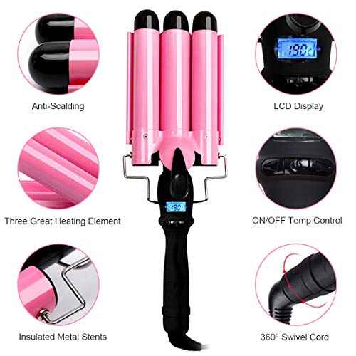 3-Barrel Curling Iron Ceramic Tourmaline Crimper with LCD Display & Dual Voltage Crimper Hair Tool for Women Beach Waves with Adjustable Temp (Pink)