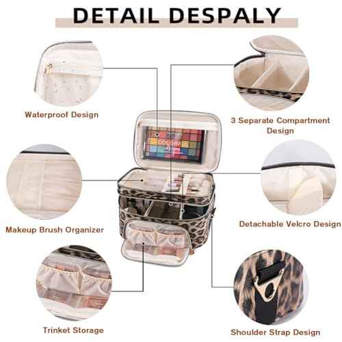 FITINI Double Layer Travel Leopard Makeup Bag,Extra Large Women Cosmetic Organizer Case,Skin Care Essentials Toiletries Bags with Shoulder Strap Waterproof Brush Storage with Removable Dividers