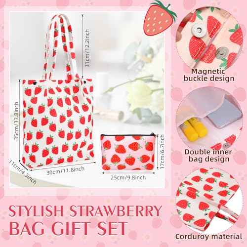 Strawberry Gift Set, Included 16oz Glass Cups with Lids and Straws Waterproof Travel Bag Pouch Strawberry Makeup Bag and Corduroy Tote for Women Christmas Birthday Mothers Day