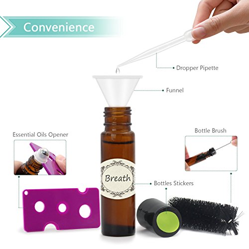 Mavogel 24pack, 10ml Roller Bottles for Essential Oils - Amber, Glass with Stainless Steel Roller Balls (3 Extra Roller Balls, 54 Pieces Labels, Opener, Funnel, Dropper, Brush Included)
