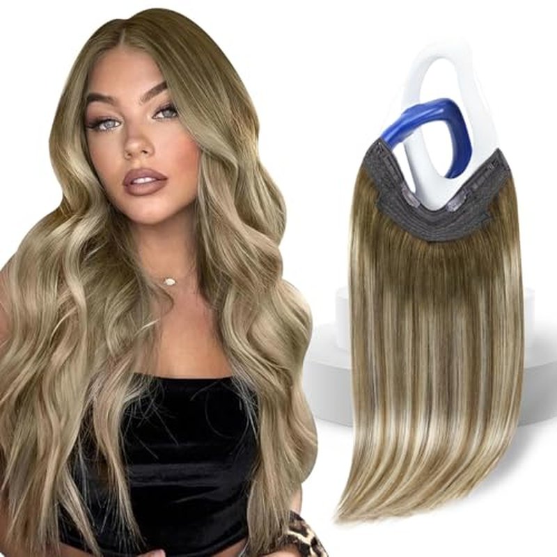 Sunny Hair Wire Hair Extensions Real Human Hair Fish Line Human Hair Extensions Invisible Wire Extensions Brown to Light Brown with Medium Blonde #3/8/22 18 Inch
