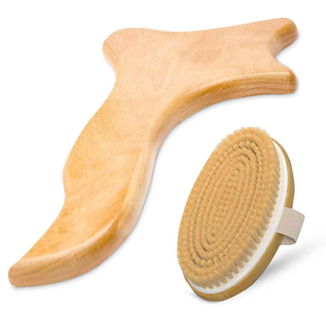 Lymphatic Drainage Paddle Wood & Dry Skin Brush Set - Anti-Cellulite Tools for a Healthier Lymphatic System With Body Brush