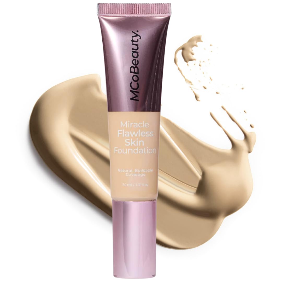 MCoBeauty Miracle Flawless Skin Liquid Foundation Natural Ivory - Buildable Medium Coverage Dewy Finish for All Skin Types - Hyaluronic Acid Coconut Water Rose Water Hydrating Face Makeup Vegan - 1