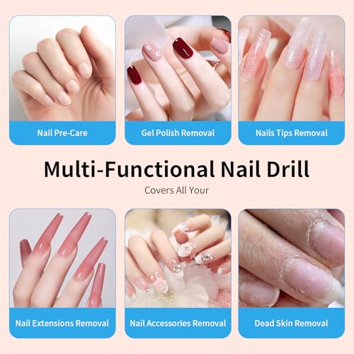 Electric Nail Drill Machine 45,000RPM - Professional Electric and Rechargeable Nail Drill with LCD Display, 6 Bits and 30 Sanding Bands, Low Heat Quiet E-File for Acrylic Gel Nails (Light Pink)