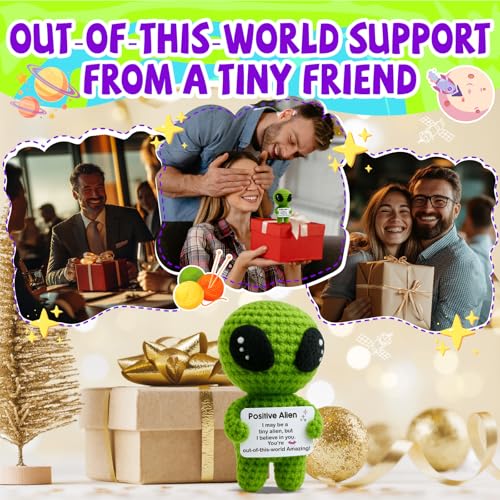 Christmas Stocking Stuffers for Adults - Funny Positive Alien Crochet Plush with Uplifting Message Card - Small Encouragement Gift for Women, Men,Teens, Friends, Ideal for Birthday, Graduation