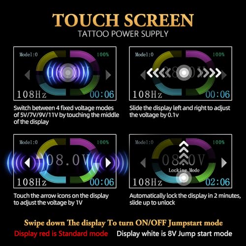 Ambition Tattoo Power Supply S1 Touch Screen Tattoo Battery Silicone Wristband Supply Portable RCA Tattoo 1600mAh Lithium Battery Pack with LCD Touch Display for Rotary Tattoo Machine