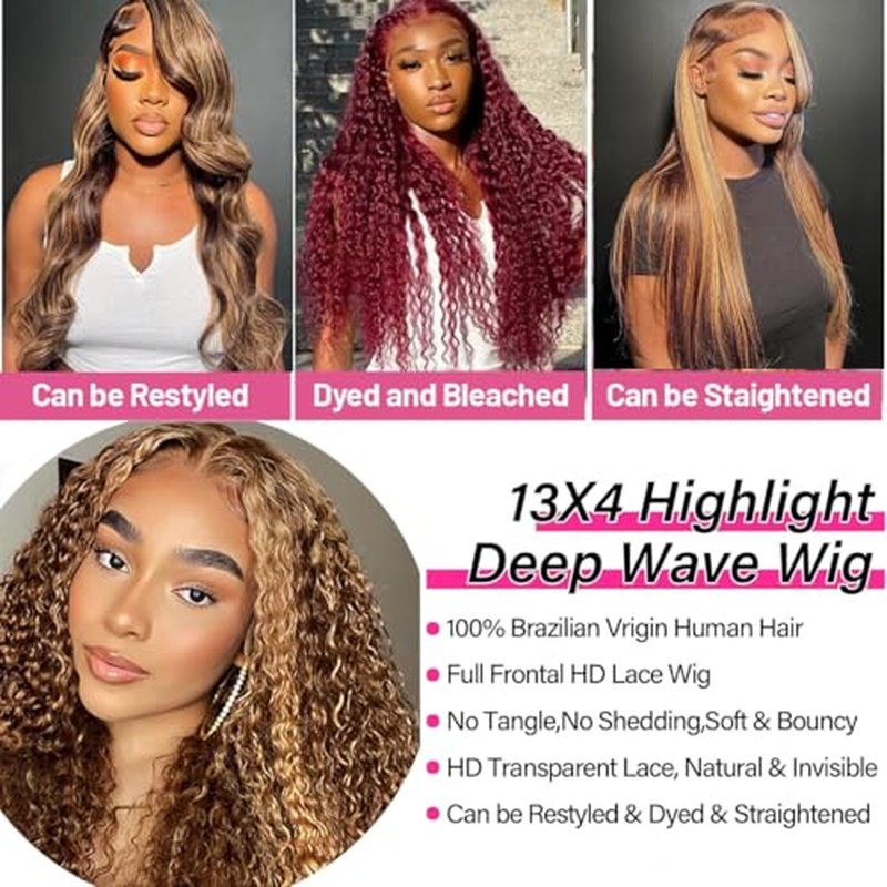Highlight Lace Front Wig Human Hair 13x4 Ombre Deep Wave Wigs Human Hair 180% Density Honey Blonde Colored Deep Curly HD Lace Frontal Wigs for Black Women Wet Wavy Pre Plucked with Baby Hair(26 Inch)