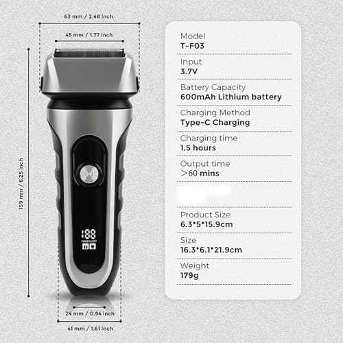 Electric Razor for Men, 2 Floating Blade LED Display Foil Face Shaver, Waterproof Wet & Dry Electric Razor for Smooth Skin with 60min Battery Runtime, USB-C Fast Rechargeable