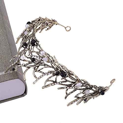 Women Black Hair Crown Vintage Wedding Tiaras Gothic Elf Headpiece Fancy Dress Headband for Bridal Carnival Prom Halloween Birthday Christmas Party Costume Accessories