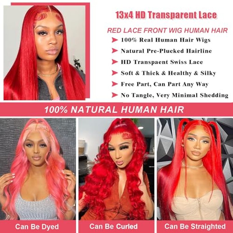 Red Lace Front Wigs Human Hair Straight 13x4 HD Lace Frontal Wigs Human Hair Burgundy Red Wig Pre Plucked 180% Density Colored Straight Glueless Wigs for Women 26 Inch