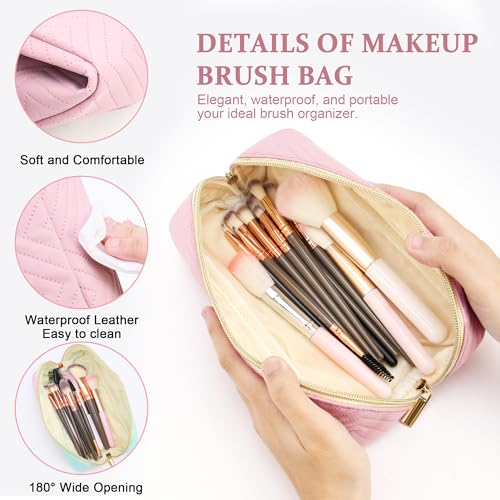 Makeup Bag Travel Toiletry Bag, Personalized Initial Pink Makeup Bag, Gift for Women Gils, Large Capacity Leather Cosmetic Bags, Waterproof Open Flat Organizer for Christmas, Halloween & Thanksgiving