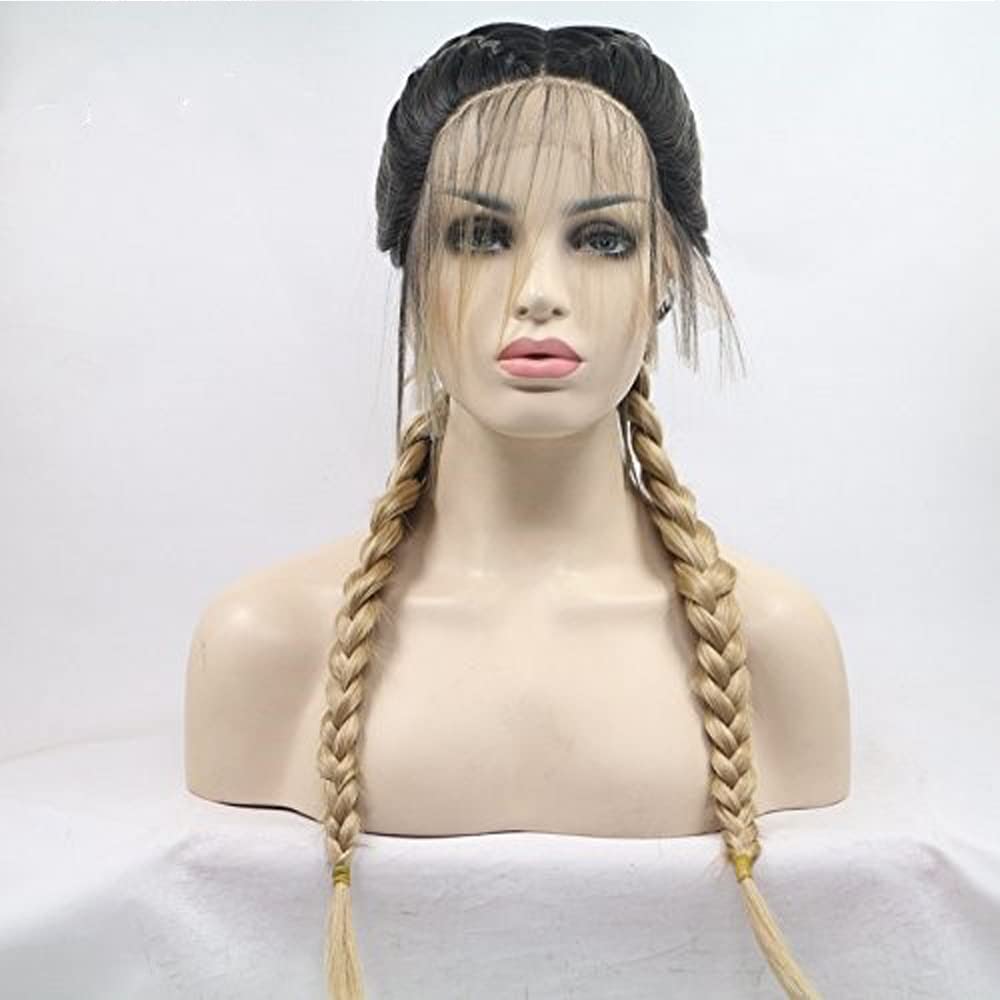 Brown & Dark Root Double Braids Synthetic Lace Front Wig - 24 Inch Heat Resistant Fiber for Women & Cosplay