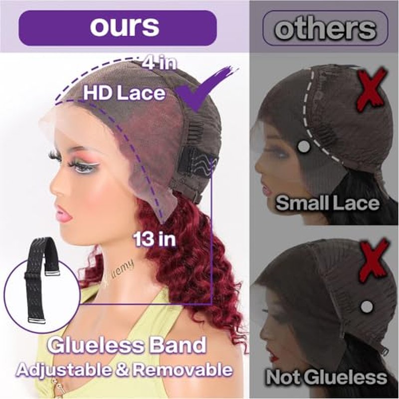Ombre 99J Burgundy BOB Lace Front Wigs Human Hair For Black Women Wear And Go Glueless Wine Red 13x4 HD Short Deep Wave Curly Frontal BOB Wigs Human Hair Pre Plucked 1B/99J 16 Inch