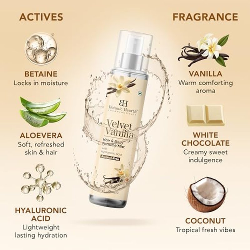 Botanic Hearth Velvet Vanilla Hair & Body Perfume Mist with Hyaluronic Acid, Alcohol-Free Formula, Long Lasting Fresh Vanilla Scent, Lightweight Body Spray for Women & Men, 3.4 fl oz / 100 ml