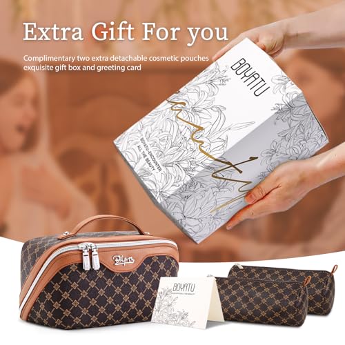 BOYATU Travel Makeup Bag Cosmetic Bags for Women: 3 Pcs Set Large Portable Make up Bag with Handle - Vegan Leather Toiletry Bags with Compartments - Makeup Organizer for Travel Essentials(A-1-Coffee)