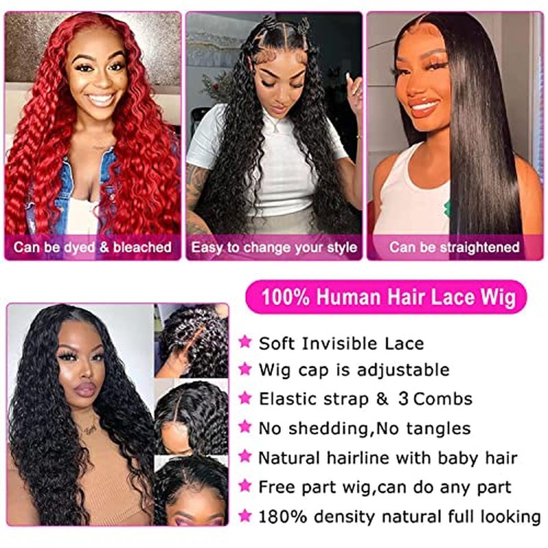 13x6 HD Transparent Lace Front Wigs Human Hair 180 Density Curly Lace Front Wigs Water Wave Wigs for Women Wet and Wavy Human Hair Wig Pre Plucked with Baby hair Natural Color (22 Inch)