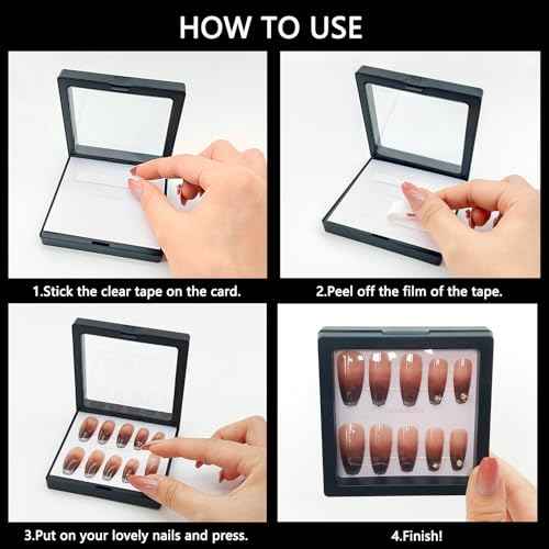 Press On Nail Packaging Boxes - 3D Floating Storage and Display Box With 60pcs Double Sided Adhesive Tape for Nail Tech (Black, 4.3 Inch)