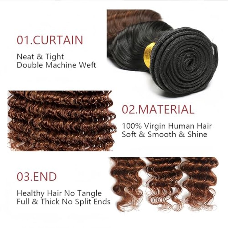 Light Brown Human Hair Bundles Deep Wave 26 28 30 Inch Brazilian Virgin Hair Double Weft Wet and Wavy No Tangle Hair Extensions for Black Women 3 Bundles