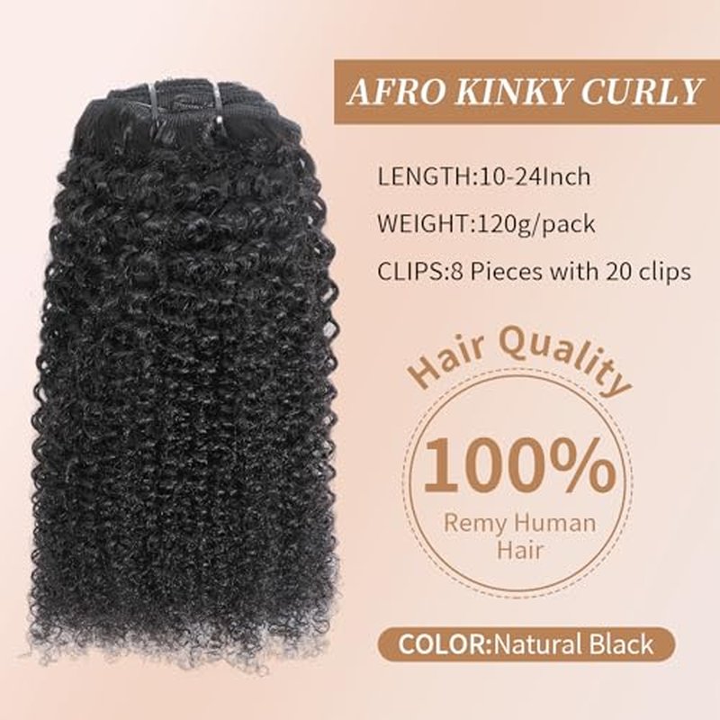 Afro Kinky Curly Clip Ins Human Hair 4C Hair Clip in Extensions Real Natural Human Hair for Black Women 8 pecs with 20 Clips 120g Natural Black Color 18 Inch
