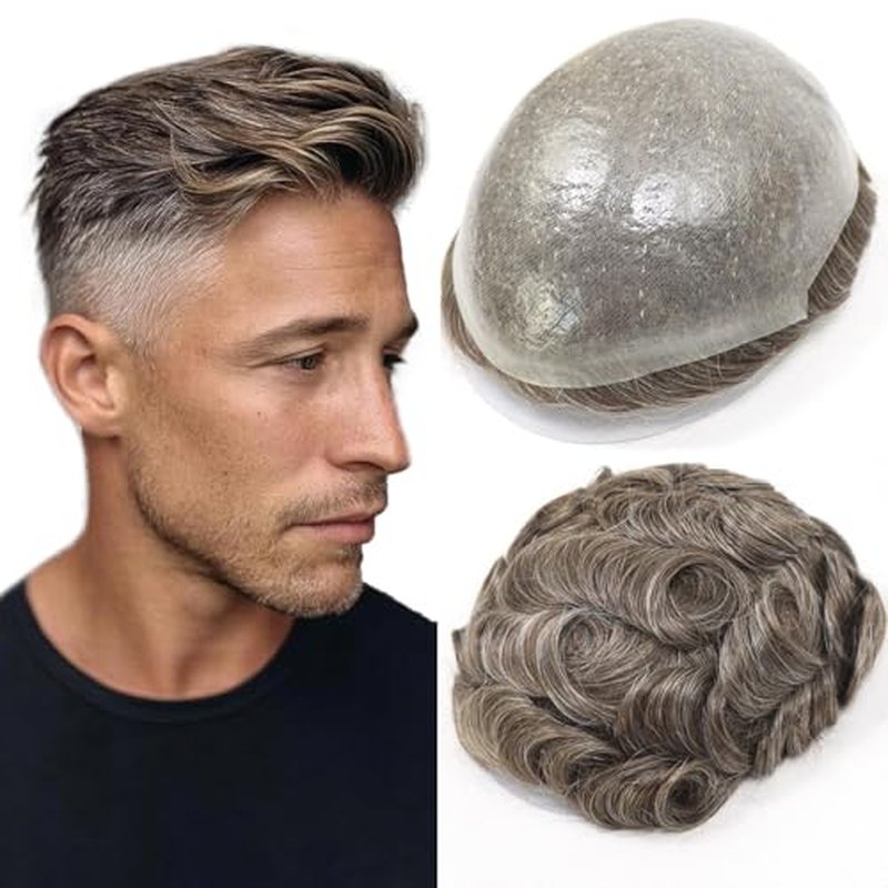 HAPPY&CC Toupee for Man Thin Skin PU Men's Hairpiece European Virgin Human Hair Replacement System Pieces Male Hair Prosthesis Unit for Men #4 Medium Brown with 40% Synthetic Gray 10x8inch