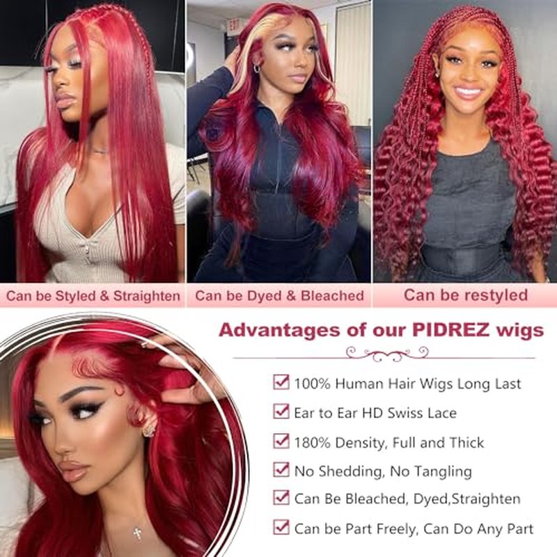 Burgundy Lace Front Wigs Human Hair 24 Inch 99j 13x6 Body Wave Wigs Human Hair 180% Density Preplucked Full and Thick,100% Real Human Hair No Synthetic Blend No Tangle No Shedding Triple Lifespan 3X
