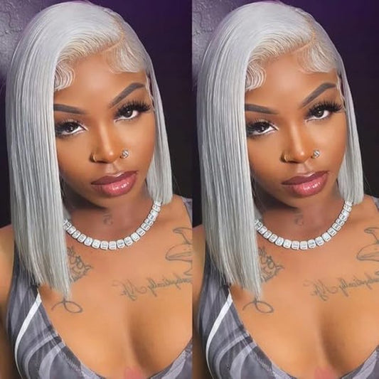 16 Inch Grey Bob Lace Front Wigs Human Hair 13x4 HD Straight Grey Bob Lace Front Wig Human Hair Wear and Go Glueless Wig Pre Plucked with Babyhair Colored Bob HD Lace Frontal Wigs For Black Women
