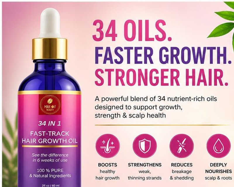 Hair Growth Oil - 34-in-1 Fast-Track Formula for Rapid Growth | Moisturizing Blend of Exotic Oils & Botanicals - 2 fl oz