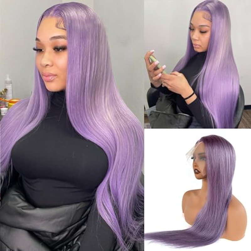Purple Lace Front Wigs Human Hair 150% Density 13x4 HD Lilac Lace Front Wigs Human Hair with Baby Hair Wear and Go Straight Purple Wigs Pre Plucked Bleached Knots(Deep Purple Wigs with Five Gifts)