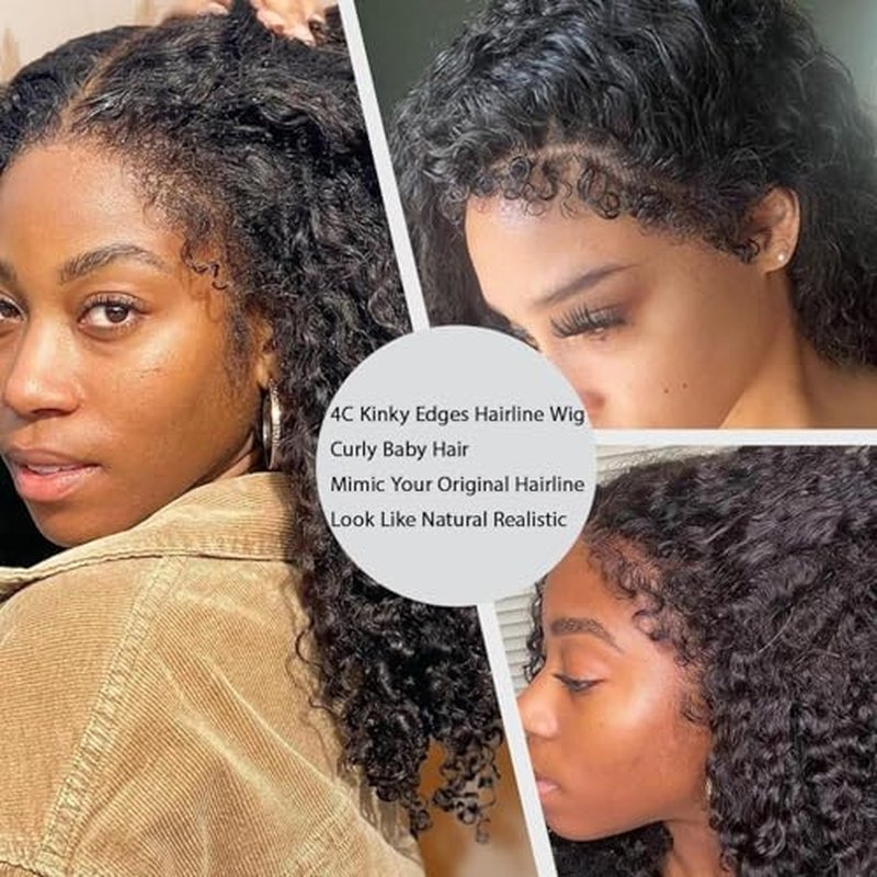4C Edges Kinky Curly Lace Front Wigs Human Hair 200% Density Deep Wave Curly Wig Pre-Plucked Hairline 13x4 HD Transparent Lace Frontal Wigs With Curly Edges Baby Hair£¨16 Inch Natural Black£©