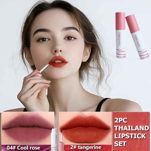 2pc Thailand Lipstick Set for Women, Lip Cream Long Lasting Waterproof with Velvet Matte & Soft Lightweight, Lip Mud Suitable for All Makeup Looks, Making You More Dazzling £¨Tangerine& Rose