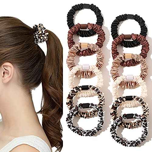 Silk Hair Ties Satin Scrunchies - Small Mini Scrunchy for Women Thick Hair Accessories Cute Soft No Slip Hair Elastics Ponytail Holder for Curly Hair No Damage Hairties Gift for Girls