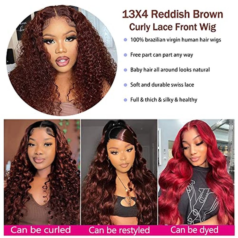 Siyun Show 13x4 Reddish Brown Deep Wave Lace Front Wigs Human Hair Wigs for Black Women Pre Plucked 180% Density Auburn Wig 28 Inch