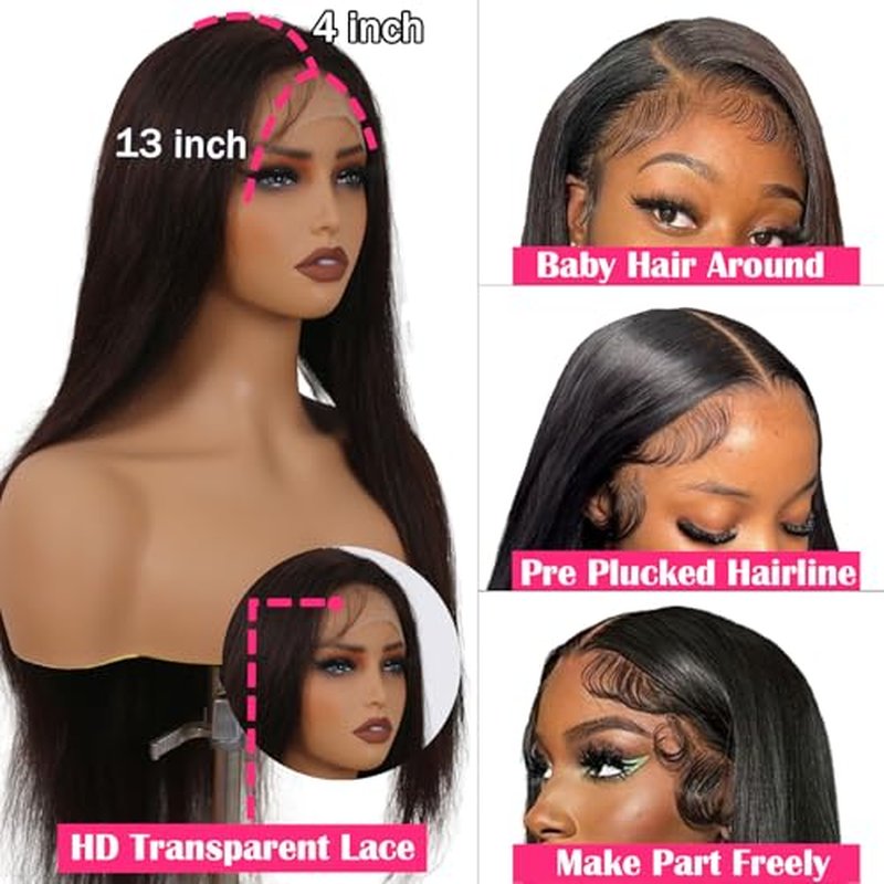 13X4 Straight Lace Front Wig Human Hair 22 Inch - 180% Density Pre Plucked with Baby Hair, Natural Dark Brown Glueless Layered Wig for Black Women