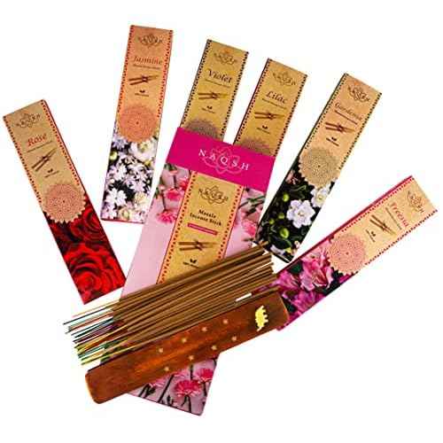 NAQSH Incense Sticks with Wooden Burner Natural Relaxing | Aromatherapy Incense for Air Purifier, Mind & Spirit & Ritualistic Fragrance | Gift Set (Set of 6 Packs - Total 120 Sticks) (Assorted 6)