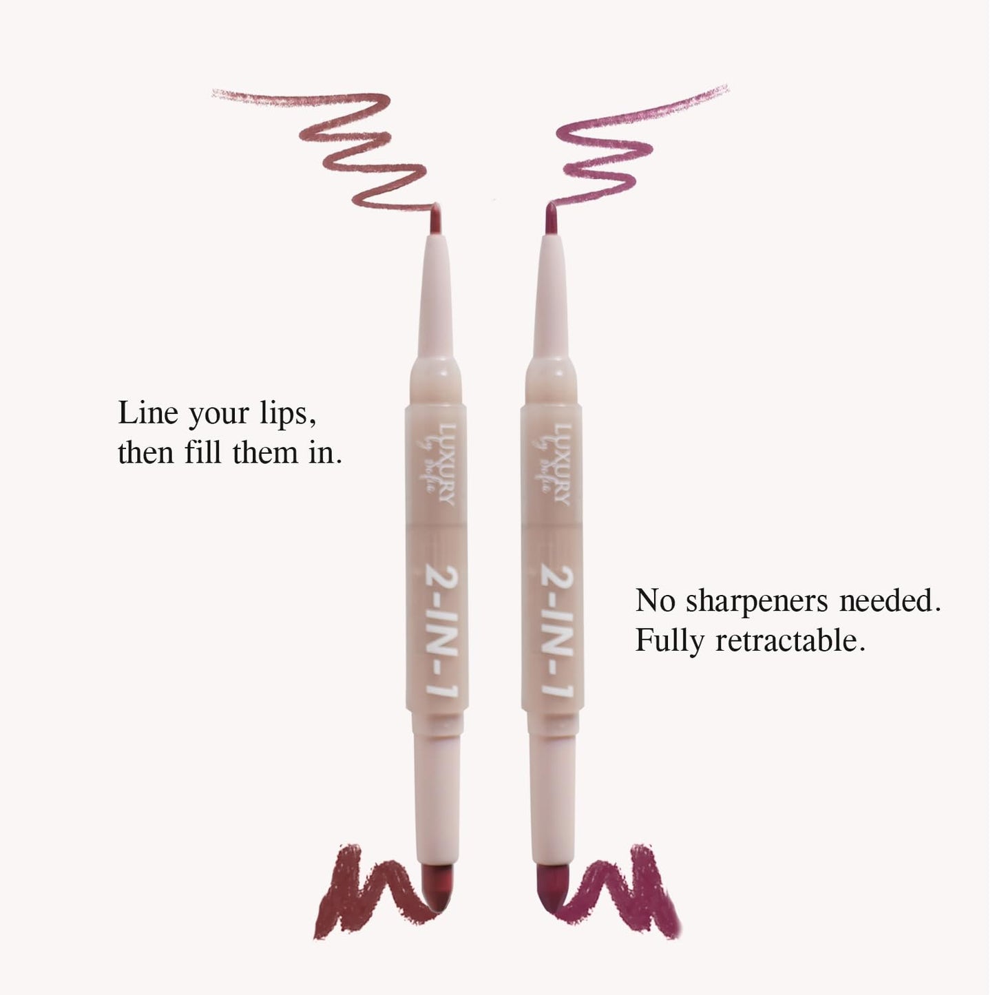 Luxury by Sofia 2 in 1 Lipstick Lipliner Retractable Pencil Semi Matte, Vegan, All Natural, Cruelty Free