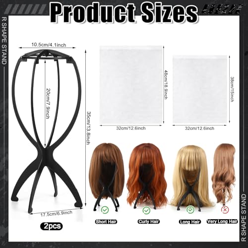 2 Pack Wig Stand with 2Pcs Wig Dust Bag, Travel Wig Head Stand Holder for Women Multiple Wigs Styling, Black, Hair Length Under 40cm/15.74in