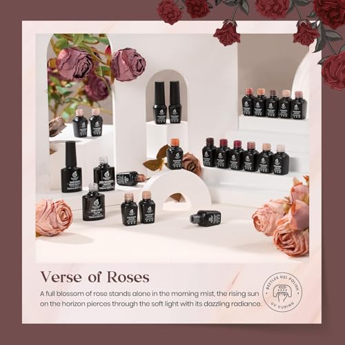 Beetles Fall Gel Nail Polish Set, 23Pcs Brown Burgundy Red Nude Pink Winter Gel Polish Set with Base Top Coat Verse of Roses Kit, Soak off Uv Gel Golden Glitter Holiday Nail Gift for Women