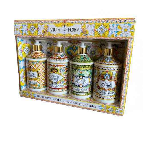 Home and Body Company Hand Soap Villa Flora Collection 16 FL/473ml Bottles infused with Essential Oils (SET OF 4) Sea Salt Verbena, Coconut Citrus, Orchid Vanilla, and White Jasmine