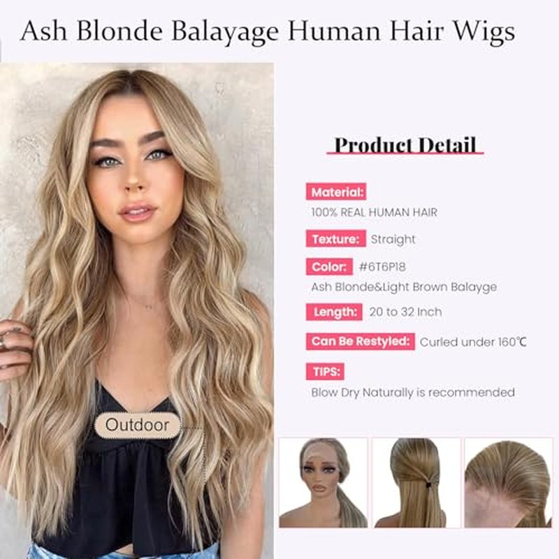 Highlight Ash Blonde Wig Human Hair 13x4 HD Balayage Glueless Wigs 150% Density Ash Brown to Platinum Blonde 18/60 with Brown Roots Highlights Lace Front Wigs Human Hair Pre Plucked 18 Inch for Women
