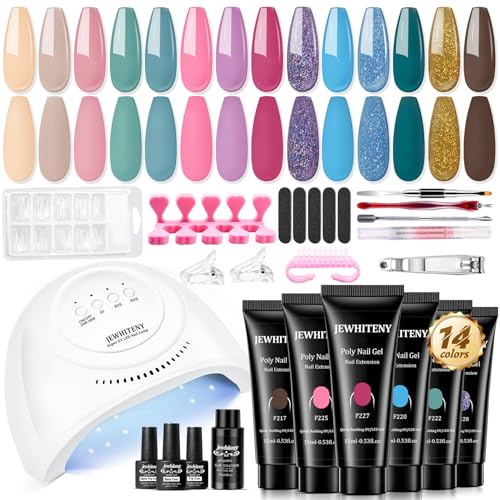 JEWHITENY Poly Gel Nail Kit 14 Colors - Yellow Nude Pink Blue Purple Glitter Tones Starter Kit with UV Lamp Base & Top Coat All-in-One Gift for Women Need U V Light Curing