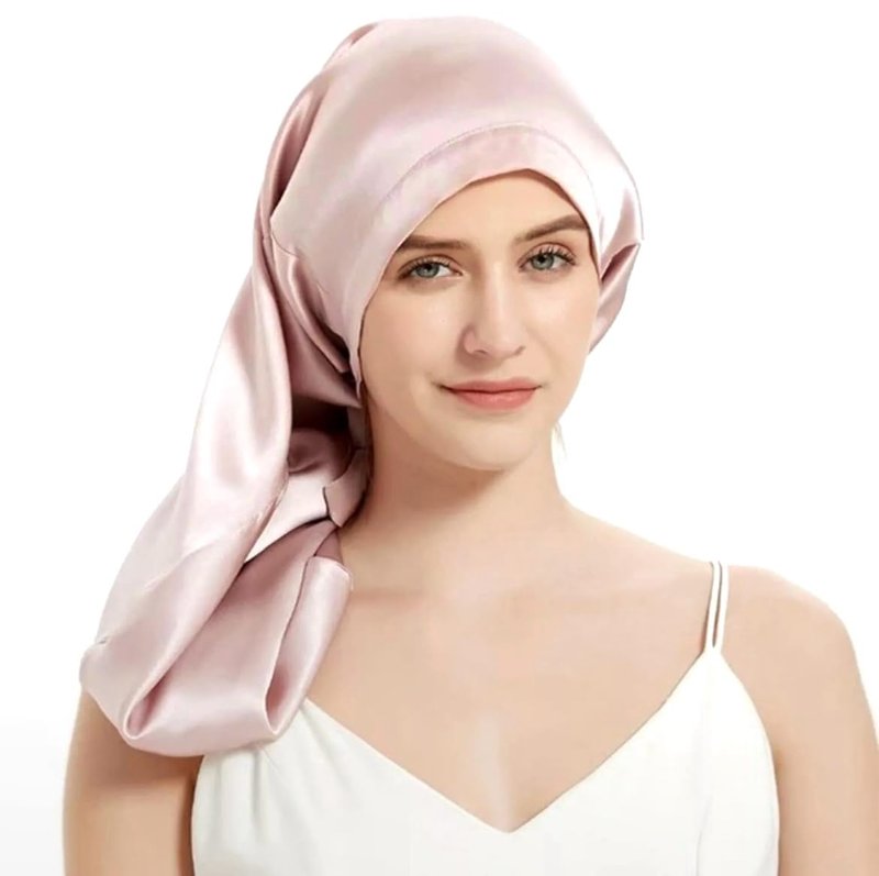 100% Mulberry Silk Bonnet 19 Momme - Long Sleeping Cap, Tie Band for Braids & Curly Hair - Silk Hair Wrap for Women Night Cap Light Pink