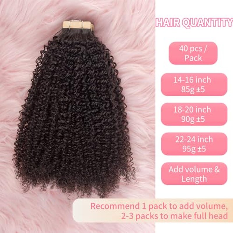 Invisible 4C Afro Kinky Curly Tape in Hair Extensions for Black Women Niawigs Black Color Real Human Hair Tape ins, 40PCS Double Sided PU Skin Weft 24 Inches