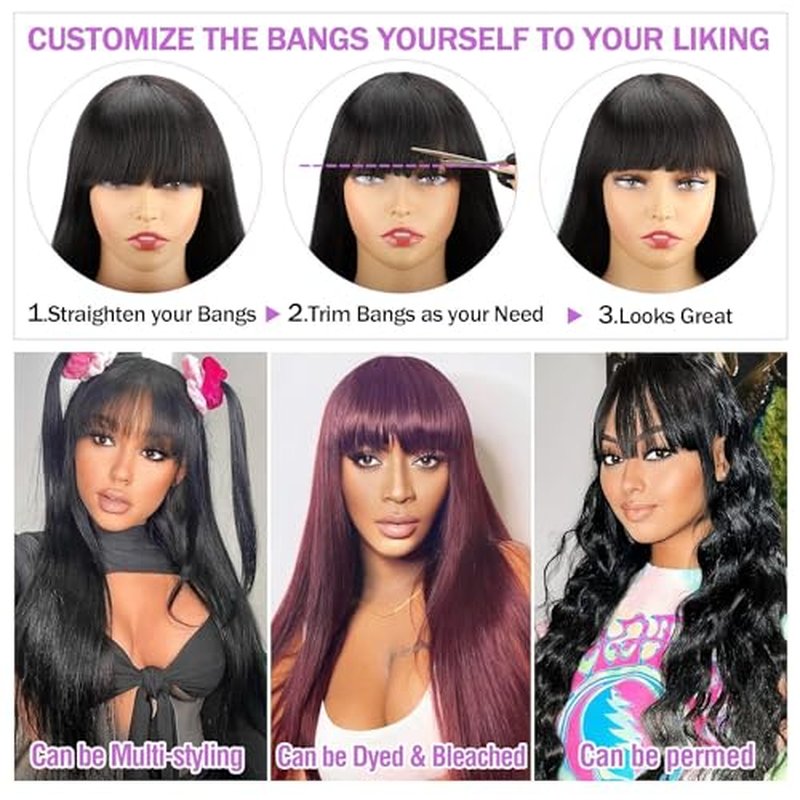 ROSELINE Glueless Wigs Human Hair with Bangs Straight Human Hair Wig with Bangs 150% Density None Lace Front Wigs for Black Women 24inch